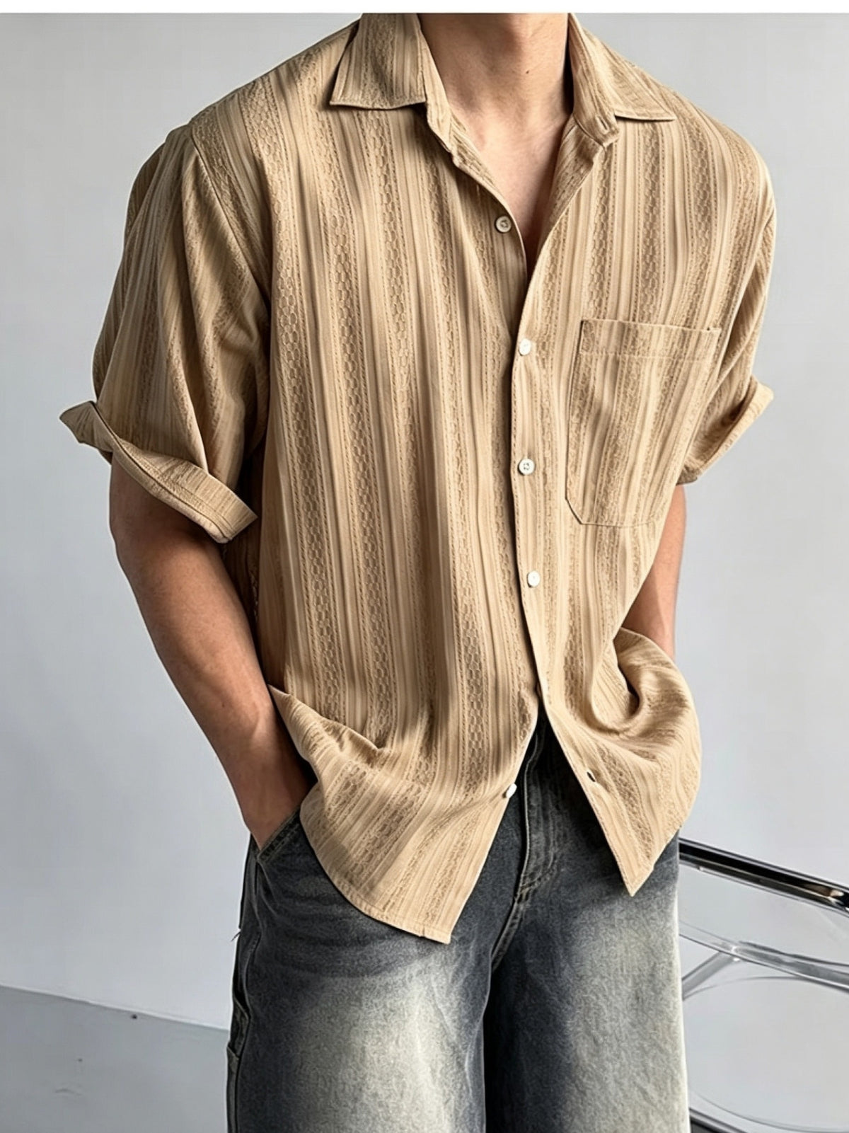Men's Hollow Out Striped Short Sleeve Shirt, Cuban Collar, Casual Summer Beach Blouse, KhakiMen's Casual Cuban Collar Shirt, Hollow Out Stripe Texture, Short Sleeve, Loose Fit, Summer Daily TopSummer Men's Khaki Striped Shirt, Cuban Collar - Wheat-colored