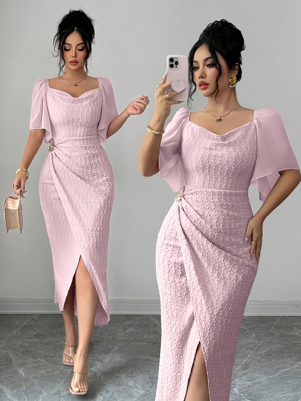Elegant French-Style Gentle Fit Bodycon Dress with Metal Buckle Accent Pleats, Figure-Flattering Temperament Long Dress for Daily Commute, Dates, and Dinner Parties, Women's Clothing - Pink