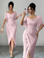 Elegant French-Style Gentle Fit Bodycon Dress with Metal Buckle Accent Pleats, Figure-Flattering Temperament Long Dress for Daily Commute, Dates, and Dinner Parties, Women's Clothing - Pink