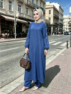 2026 New Loose, Casual And Fashionable, Commuting All-Purpose Long Two-Piece Set with Round Neck And Golden Button Pocket Design - 8075 navy