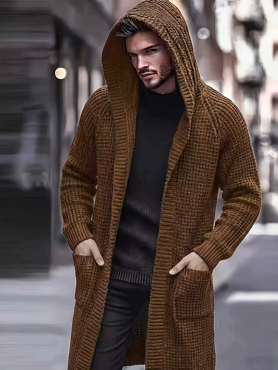 Men's Casual Sport Sweater, Knit Cardigan, Long Hooded Knit Cardigan. The Hooded Design Adds a Casual and Effortless Style, While the Long Length Flatters the Figure. This Simple yet Stylish Piece Is Perfect for Autumn and Winter, Offering Warmth - Reddish Brown