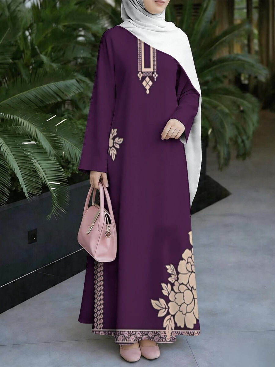 Women's Middle Eastern Style Muslim Elegant Robe, Dark Purple with Light Floral Pattern, Grand and Lightly Luxurious Long Sleeves with Wide Flared Hem, for Festivals, Parties, Prayers, and Outings, Excellent Drape Without Embroidery, Multiple Sizes - Mixed colors