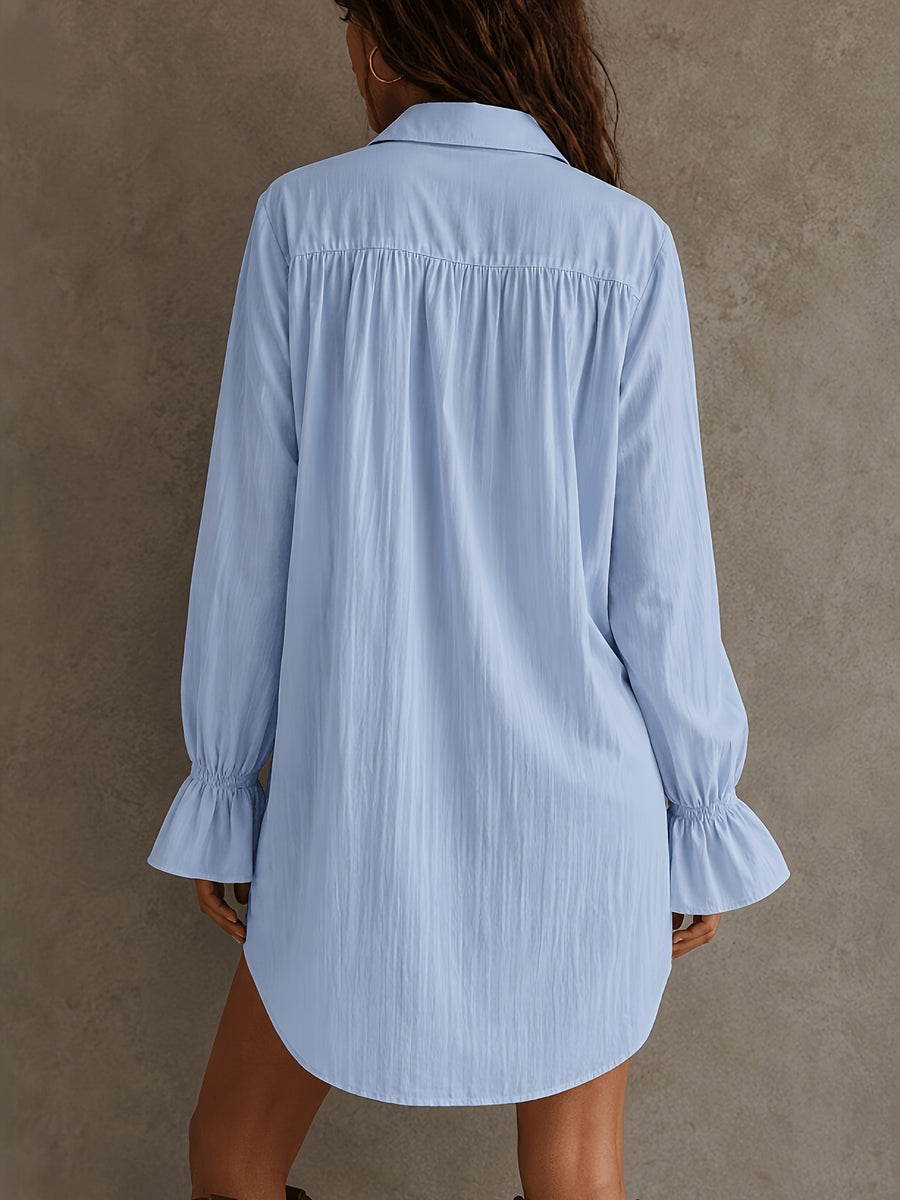 2026 Spring/Autumn Front Short Back Long Designer Style Loose Fit Elegant Solid Color Button-Up Elastic Cuffs Patchwork Lace Trim Women's Blouse ZLLZ - Light Blue
