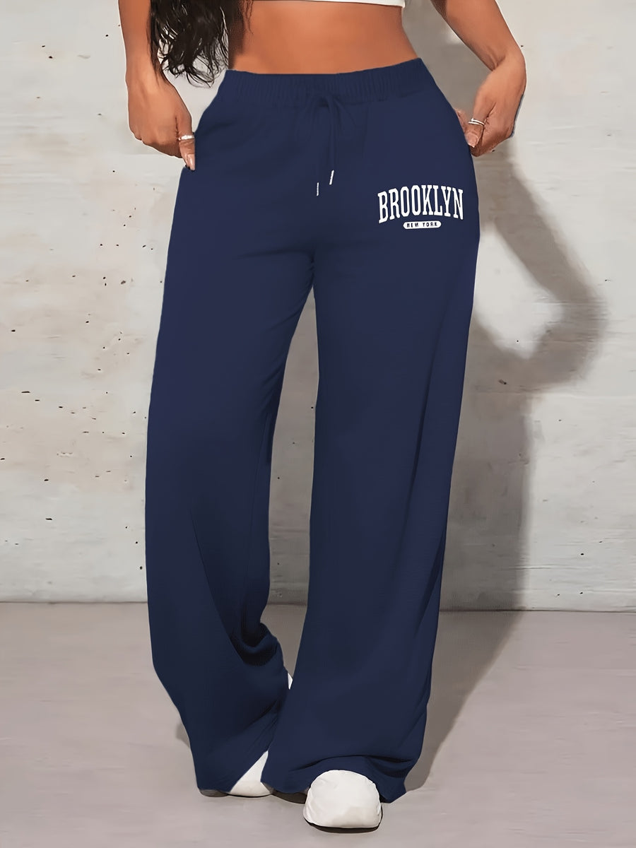 BROOKLYN NEW YORK Printed Belted Pants, Casual Long Jogging Pants with Pockets for Spring, Summer, Autumn, Women'S Wear - Navy Color