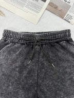 Summer Trendy Fashion Distressed Washed Short Sleeve Shorts with Drawstring Women'S Set NEW YORK City Letter Print American College Style (Varsity), New York Landmark Theme, Retro Style Comfortable for Hot Weather, Classic Silhouette for Styling - Black
