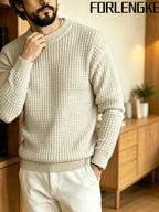 FORLENGKE Men's Waffle Knit Crewneck Sweater, New Autumn and Winter Solid Color Textured Knit Pullover with 3D Patterns, Casual and Commuter-Friendly, Simple and Versatile, Available in Multiple Colors, Suitable for Wearing Alone or Layering - Apricot