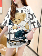 New Summer Fashion Plus-Size Women'S Loose-Fitting Mid-Length Cartoon Short-Sleeve T-Shirt - White