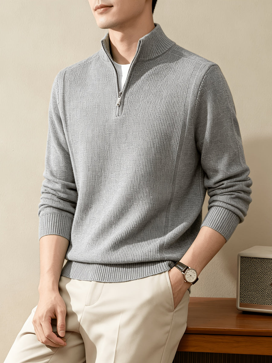 Du Jing Lan OBM Spring/Autumn New Arrival Men's Knitted Pullover, Old Money Style Solid Color Half-Open Placket Stand Collar Long Sleeve Knitted Pullover, Men's Business Casual Fashion Ribbed Sweater, Suitable for Layering or Wearing as an Inner - Light Grey