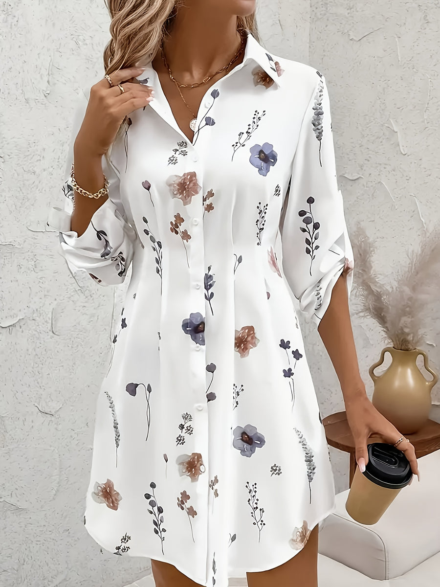 Elegant Dress, Elegant Fresh Vacation Style Small Floral Print Blouse Dress - White
