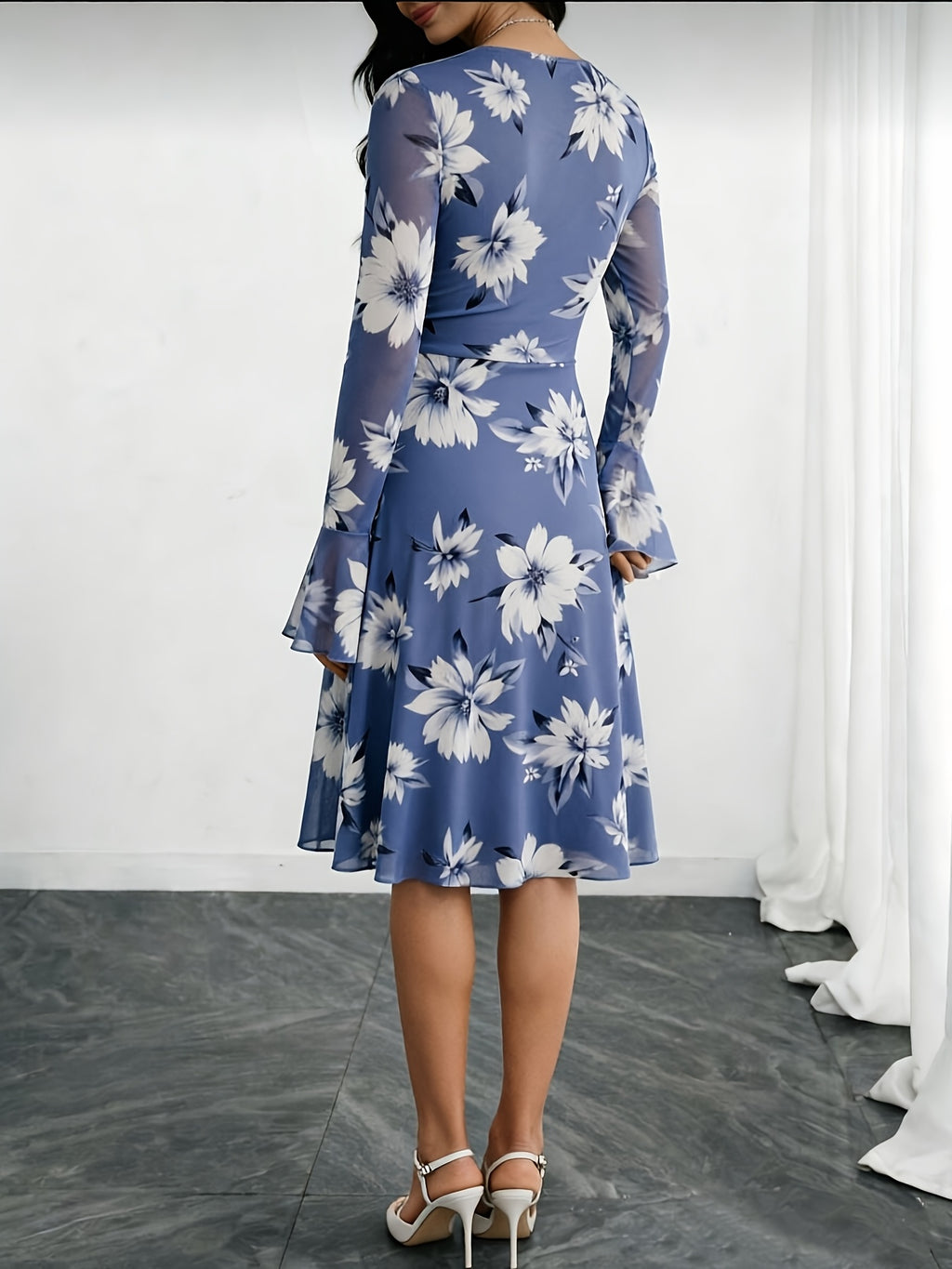 Square Neck Sheer Flare Sleeve Floral Print Irregular Ruffle Midi Dress, Women Blue Chiffon Elegant Party Dress - Mixed colors