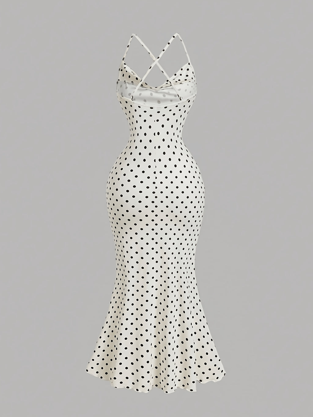 Draped Neckline Slim Fit Bodycon Long Mermaid Dress, Elegant Polka Dot Print Camisole Dress, Graceful Party Gown, Valentine's Day Party Long Dress ASD1 - Off-white