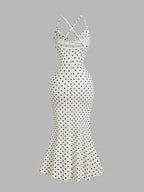 Draped Neckline Slim Fit Bodycon Long Mermaid Dress, Elegant Polka Dot Print Camisole Dress, Graceful Party Gown, Valentine's Day Party Long Dress ASD1 - Off-white