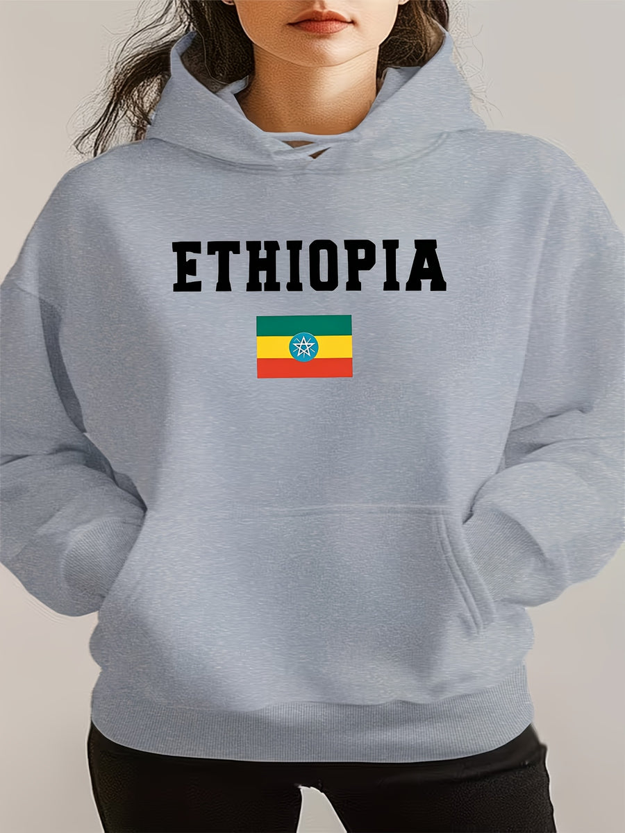 ETHIOPIA Lettering And Ethiopian Flag Pattern Autumn Winter Fashion Fleece Hooded Sweatshirt Women'S Printed Casual Elegant Women'S Clothing Cute Top - Grey