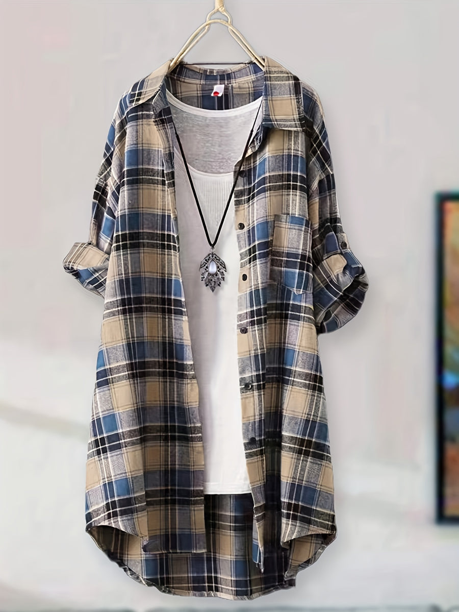 Mid-length Loose-fit Casual Plaid Shirt - Blue
