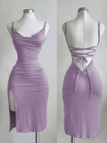 A Stylish Women's Solid-color Dress Featuring Spaghetti Straps, a Side Slit, and Lace-up Detailingperfect for Vacations, Birthday Celebrations, Dinner Parties, Proms, Bars, Nightclubs, and Date Nights. - Purple