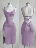 A Stylish Women's Solid-color Dress Featuring Spaghetti Straps, a Side Slit, and Lace-up Detailingperfect for Vacations, Birthday Celebrations, Dinner Parties, Proms, Bars, Nightclubs, and Date Nights. - Purple
