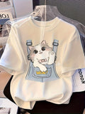 Women's Elegant Casual Short Sleeve T-Shirt - Cute Cat & High Chair Print, Round Neck, Machine Washable, All-Season Comfort, Premium Fabric, Regular Fit for Casual Attire, Ladies T Shirts, Comfortable Pullover, Playful Print Shirt, Translucent Fabric - White