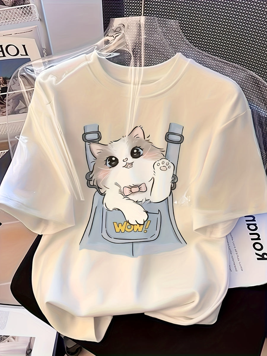 Women's Elegant Casual Short Sleeve T-Shirt - Cute Cat & High Chair Print, Round Neck, Machine Washable, All-Season Comfort, Premium Fabric, Regular Fit for Casual Attire, Ladies T Shirts, Comfortable Pullover, Playful Print Shirt, Translucent Fabric - White