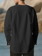 Men's Casual Shirts, Long-sleeve Casual Shirts, T-shirts, Men's Fashion Casual Wear, Solid Color Linen Long-sleeve Shirts, Breathable and Comfortable Short-sleeve Design, Quick-drying Fabric, Suitable for Wearing in Late Spring, Summer, and Early - Black