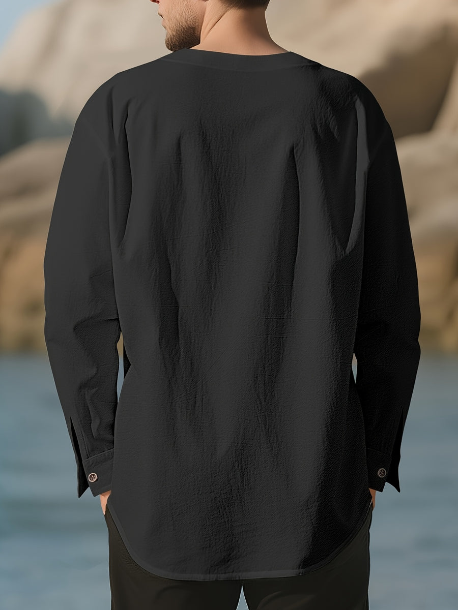Men's Casual Shirts, Long-sleeve Casual Shirts, T-shirts, Men's Fashion Casual Wear, Solid Color Linen Long-sleeve Shirts, Breathable and Comfortable Short-sleeve Design, Quick-drying Fabric, Suitable for Wearing in Late Spring, Summer, and Early - Black