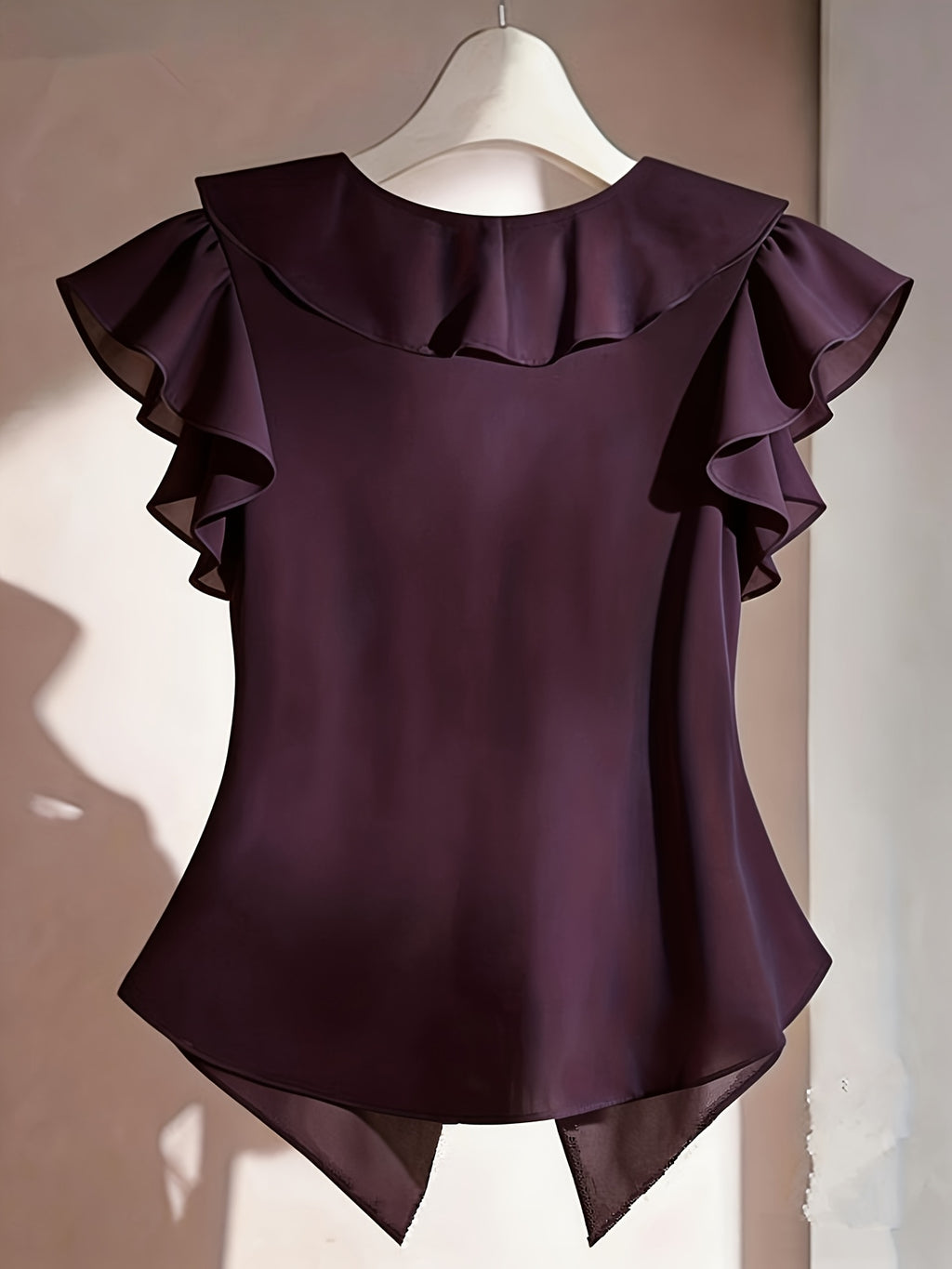 Summer French Solid Ruffled Fly Short Sleeve Shirt Chiffon Top Women'S - Purple
