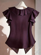 Summer French Solid Ruffled Fly Short Sleeve Shirt Chiffon Top Women'S - Purple