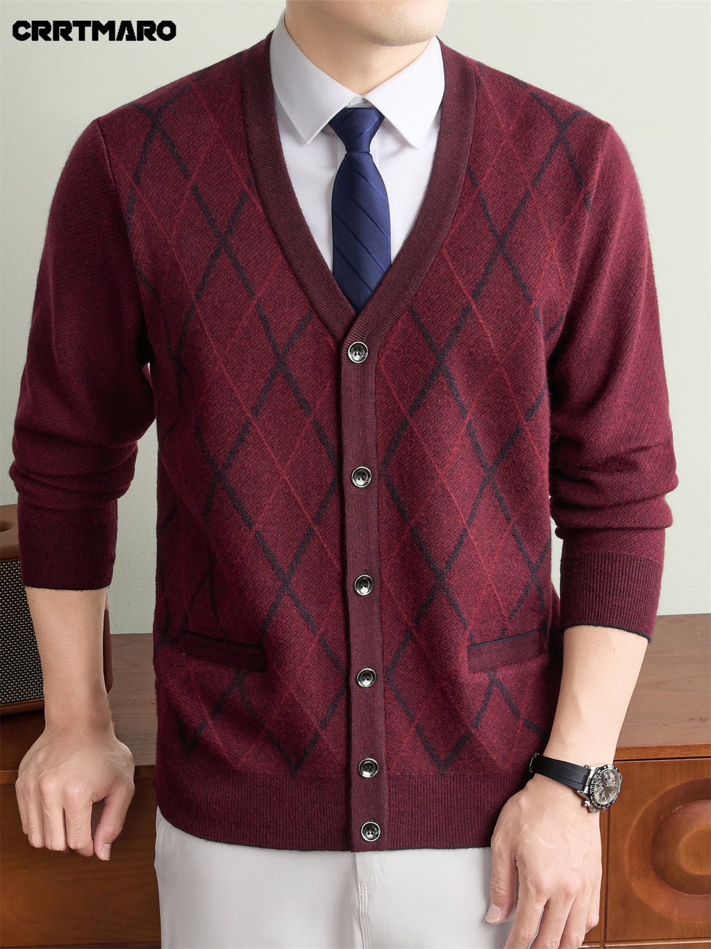 Men's Thick, V Neck Knit Cardigan, Warm Casual Layering Top for Fall and Winter - Burgundy