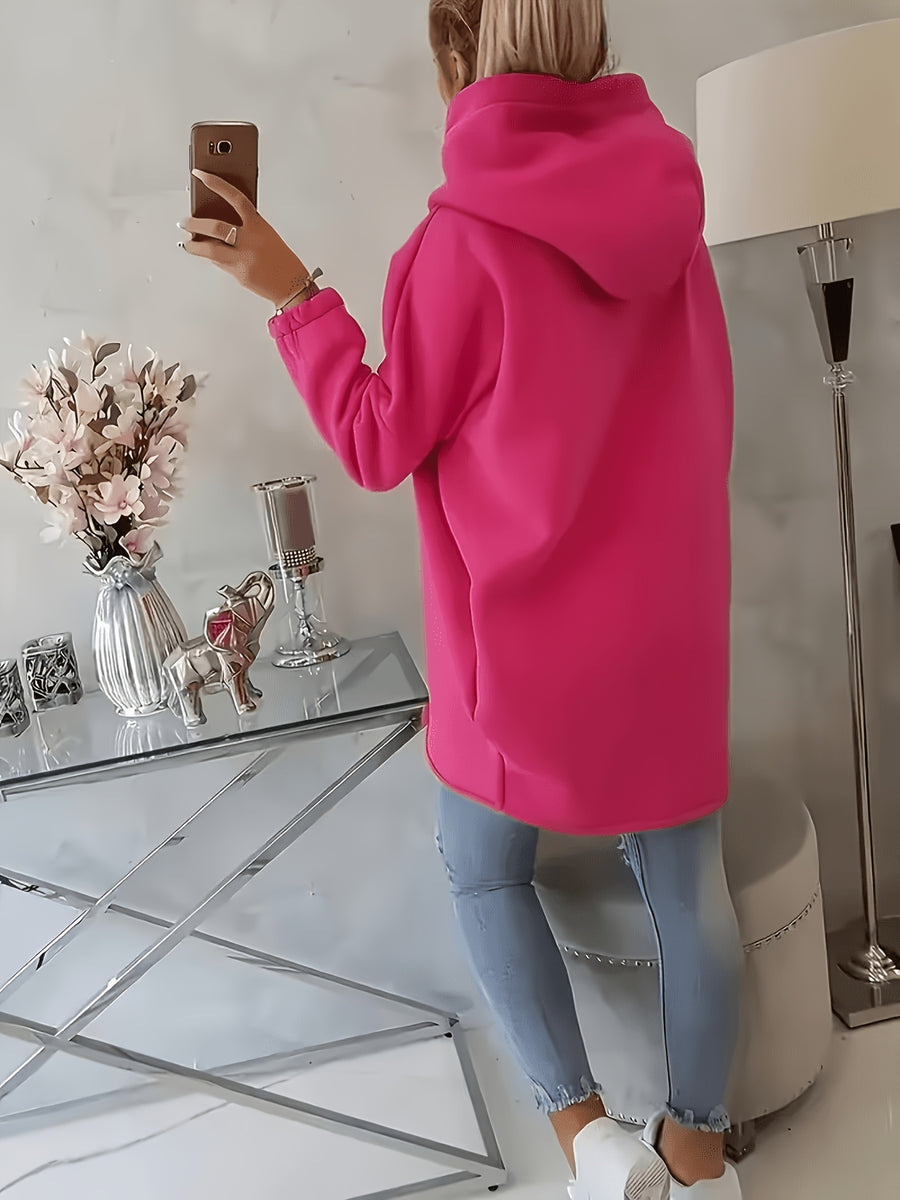 Plus Size, New European and American Women's Plus Size Hooded Sweatshirt with Full Front Zipper, Fashionable Asymmetric Hem Slit, Wide and Comfortable, Breathable, Thick and -Lined, Loose Fit, Long Sleeve, Warm for Autumn and Winter - Pink Color