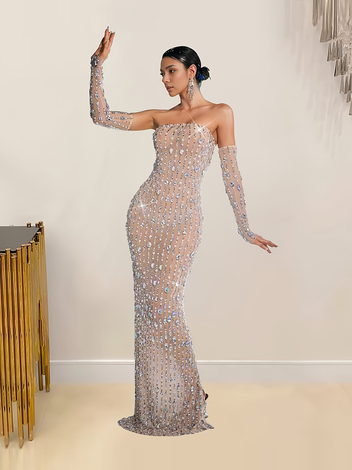 Western Fashion Mesh Hot-Stamped Straight Dress Long Dress Sparkling Irregular Rhinestone with Sleeves Panties Evening Dress Suitable for Engagement, Birthday Party, Pageant Performance - Apricot