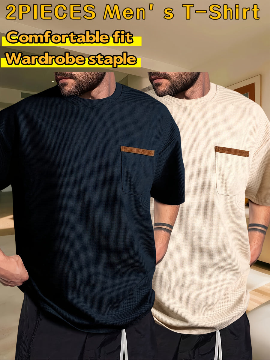 Men's Waffle-Knit Short Sleeve T-Shirt - Breathable Base Layer & Casual Round Neck Pocket Tee, Solid Color Suitable for Gym, Casual Attire, Machine Washable, Spring/Summer Layering Shirt, High-Fit Rate for Lifestyles - Navy Blue + Apricot