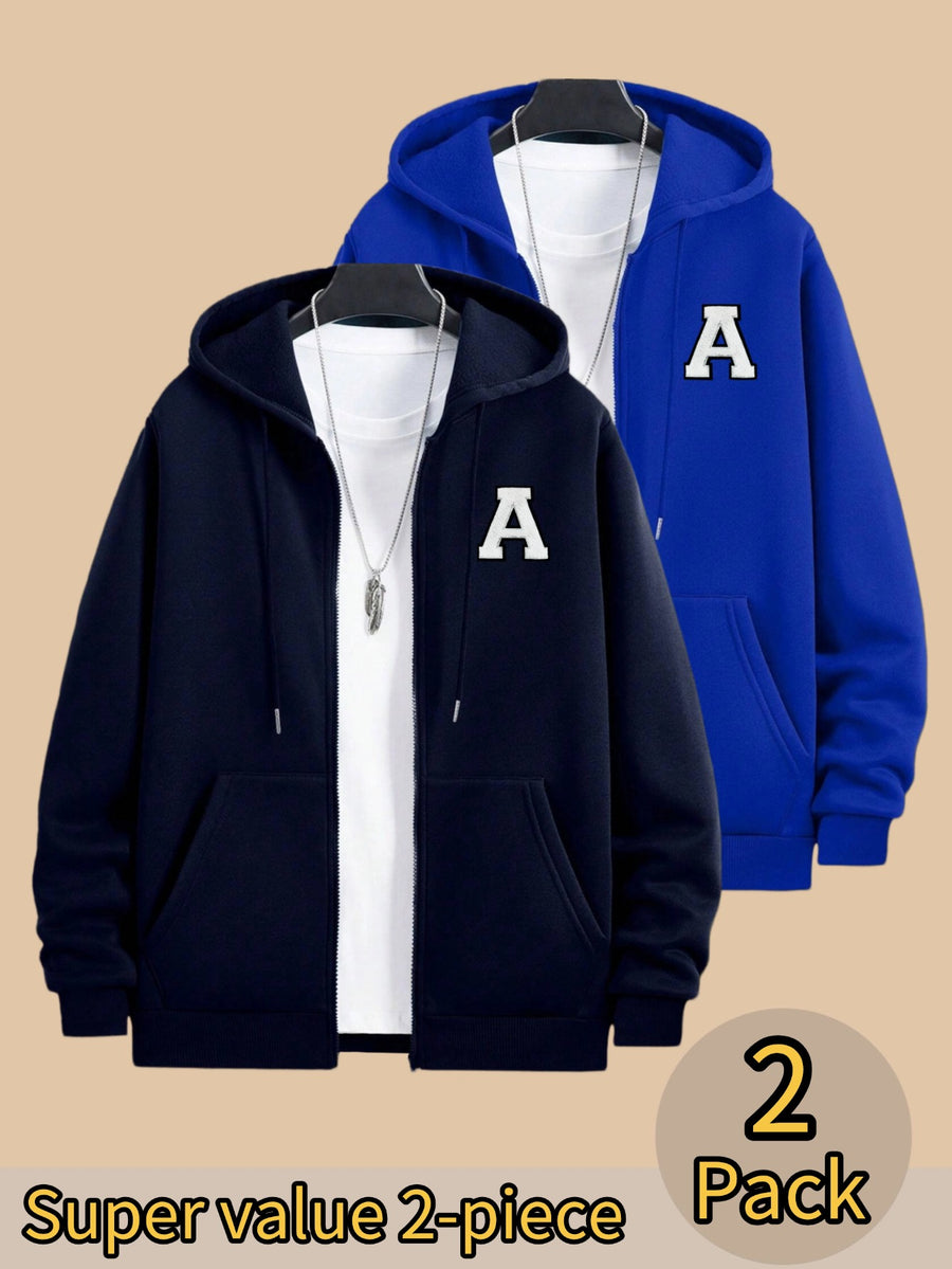 50% Cotton, 50% Polyester, 2-Pack Men's Zippered Hooded Fleece-Lined Sweatshirt, Men's Clothing, Long-Sleeve Fleece Jacket, Zippered Top, Hooded Sweatshirt, Pockets, Drawstring, Suitable for Outings, Casual Wear, Back-to-School Season - Navy Blue+Blue