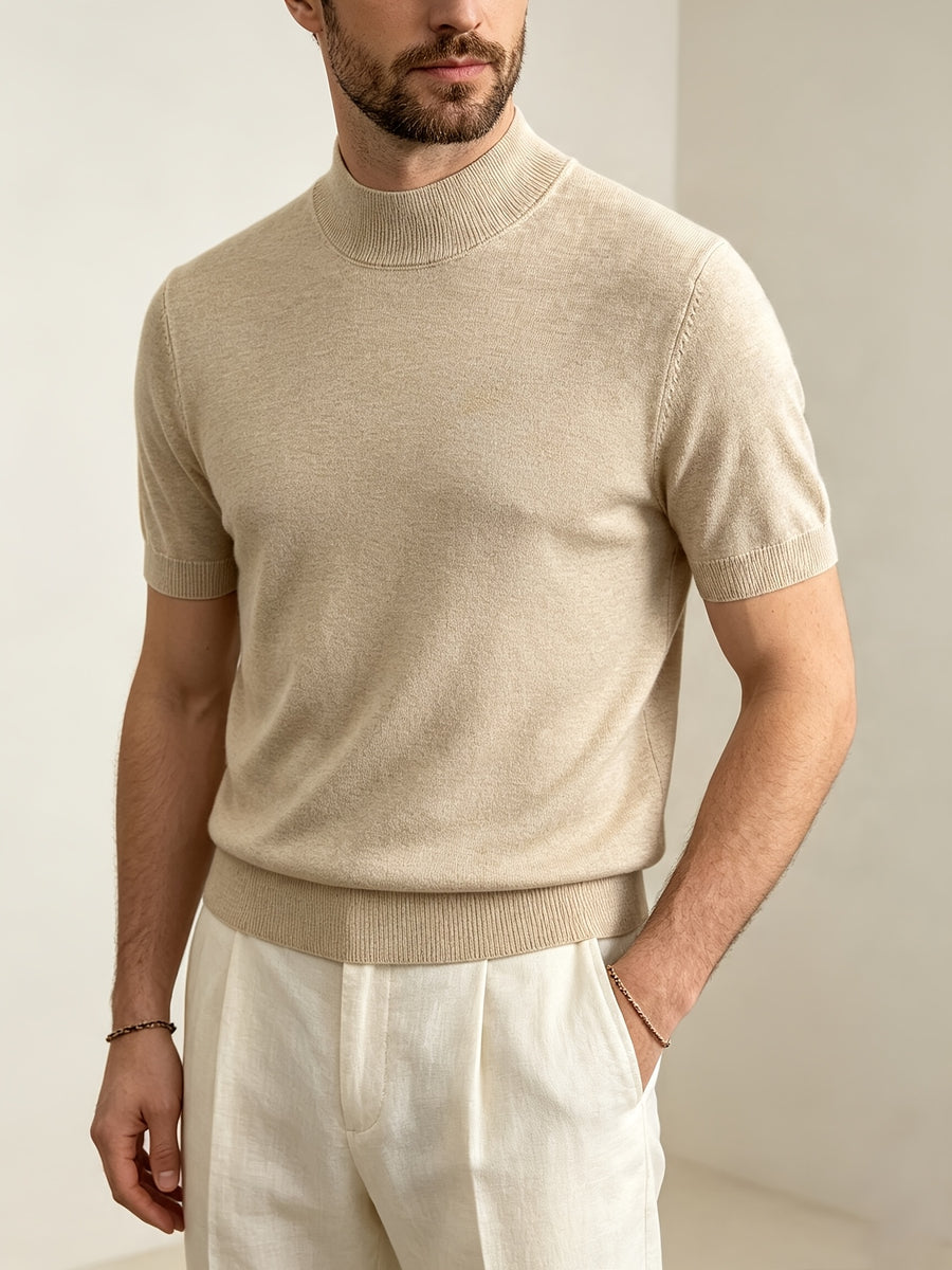 Men's Minimalist Urban Style Half-Turtleneck Short-Sleeve Knit Sweater with Fine Texture, Breathable for Spring/Summer Daily Wear - Khaki