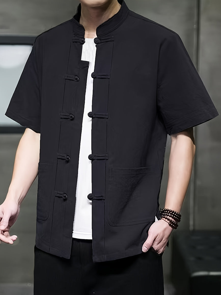 New Men's Short-sleeved Casual Shirt, Comfortable Pure Cotton, Chinese Knot Button, Tang Suit Style Top, Stand Collar, Ethnic Style, Hanfu, Simple and Versatile Men's Shirt - Black