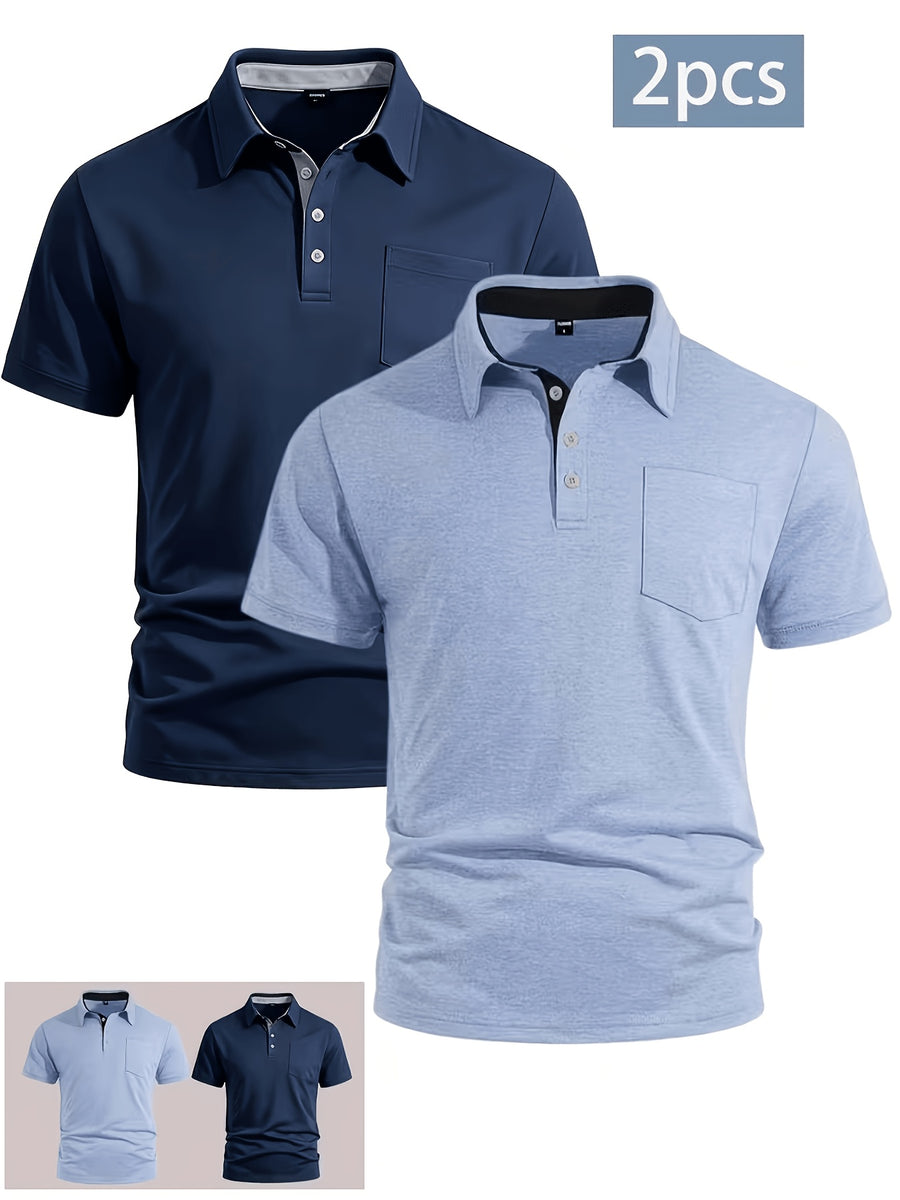 2pcs Set Men's Casual Solid Color Lapel Short-sleeve Polo Shirt with Casual Utility Pocket Design, Suitable for Business Casual Wear - Navy Blue with Blue
