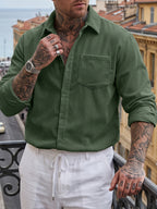 Men'S Corduroy Button-Up Shirt, Long Sleeve Comfortable Solid Color Single Pocket Layering New All-Season Casual Fashion Versatile Shirt - Olive Green