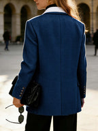 In-Stock Item 25YX043# Women's European and American Style Elegant Blue and White Checkered Blazer, 1pc Double-Breasted Suit Jacket, Loose Fit Cut with Slight Contour Design, Flattering to Various Body Types. The Classic Double-Breasted Design - Navy Color