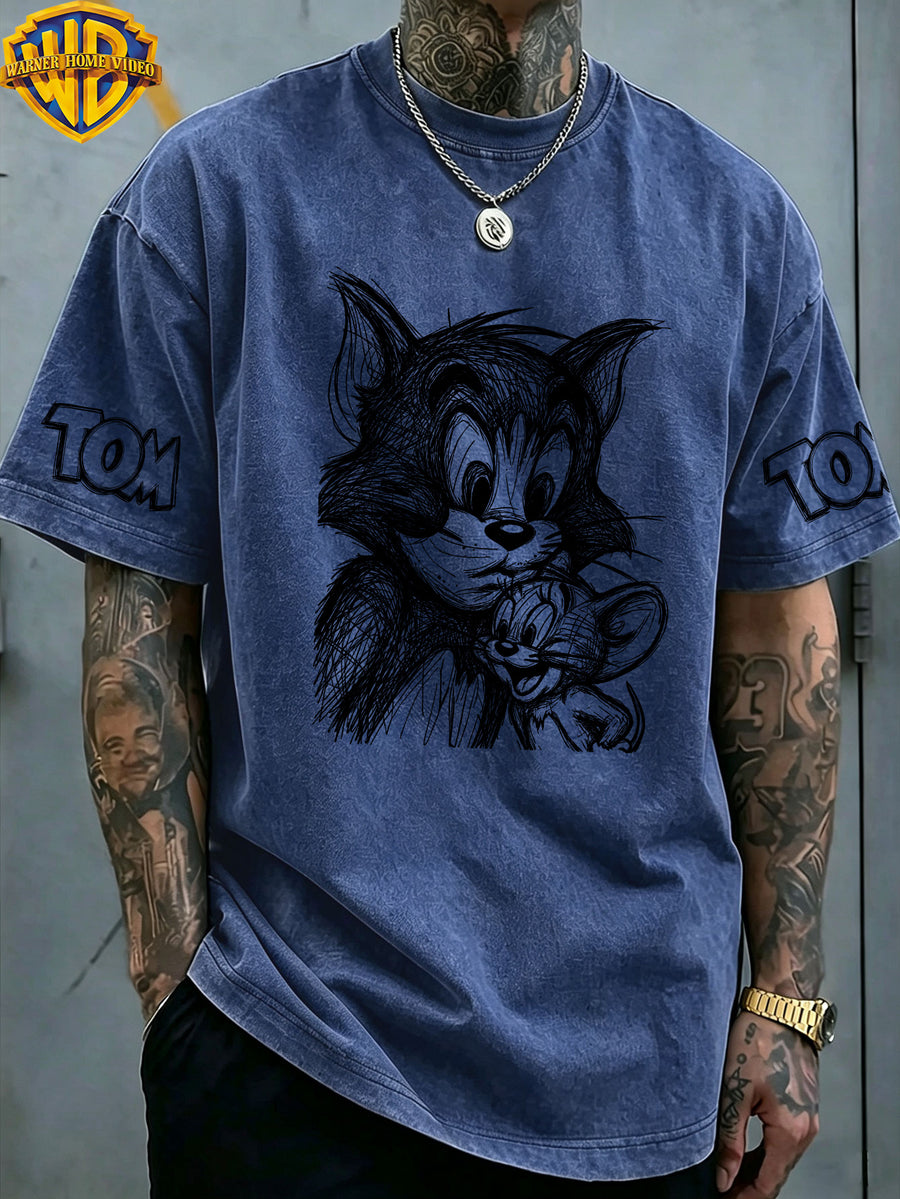 Warner Bros. Officially Authorizes Portrait Pattern Printed Retro Washed Distressed Short Sleeved T-shirt for Both Men and Women, Machine Washable Daily Commuting Outdoor Sports and Leisure Top - Royal Blue