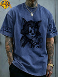 Warner Bros. Officially Authorizes Portrait Pattern Printed Retro Washed Distressed Short Sleeved T-shirt for Both Men and Women, Machine Washable Daily Commuting Outdoor Sports and Leisure Top - Royal Blue