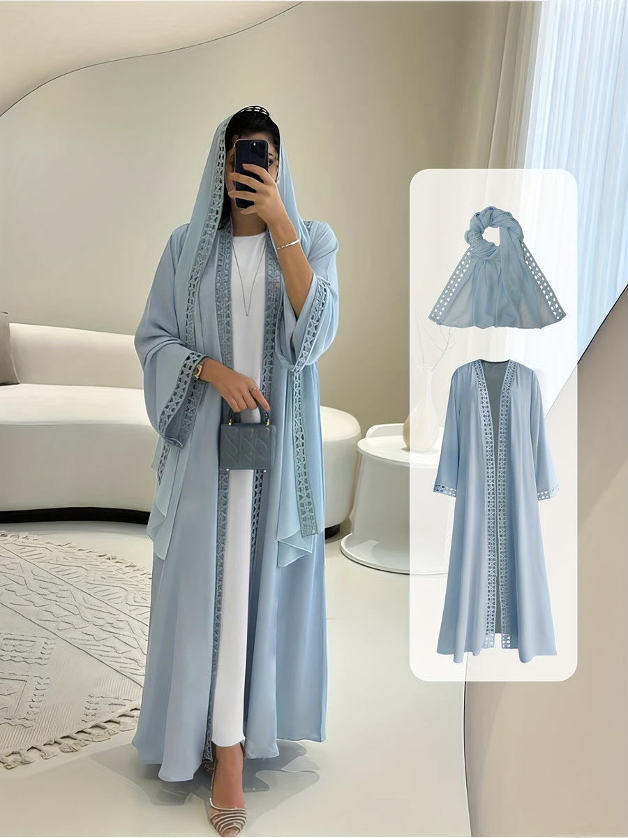 Open Abaya Set with Lace Trim And Chiffon Headscarf - Lightweight, Modest, And Breathable for Spring/Summer - Sky Blue