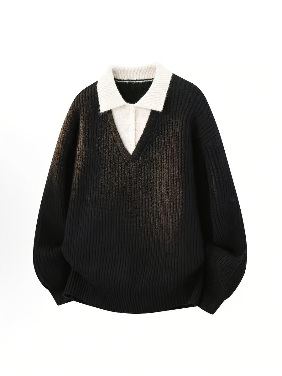 Simple Casual Color-Block Patchwork Lapel Pullover Long-Sleeve Sweater, Fashionable 2-in-1 Look Knitwear - Black