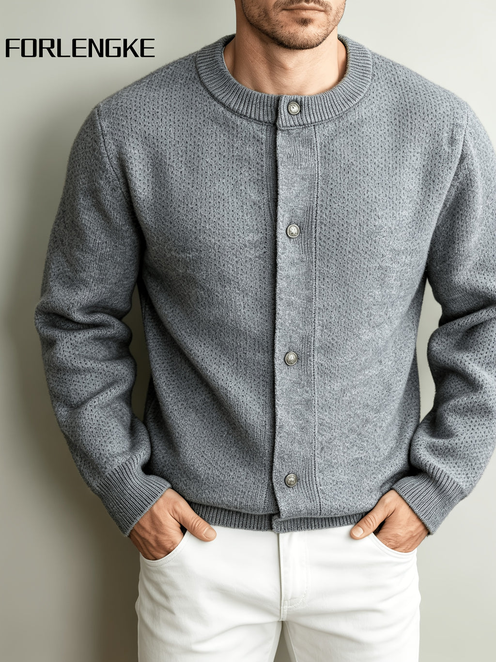 FORLENGKE Men's Crew Neck Knit Cardigan, New Spring/Autumn Solid Color Sweater Outerwear, Simple Single-Breasted Casual Long Sleeve Top, Light Luxury Versatile Loose-Fit Outer Knit Jacket for Men's Commuting Outfits - Light Grey
