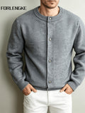 FORLENGKE Men's Crew Neck Knit Cardigan, New Spring/Autumn Solid Color Sweater Outerwear, Simple Single-Breasted Casual Long Sleeve Top, Light Luxury Versatile Loose-Fit Outer Knit Jacket for Men's Commuting Outfits - Light Grey