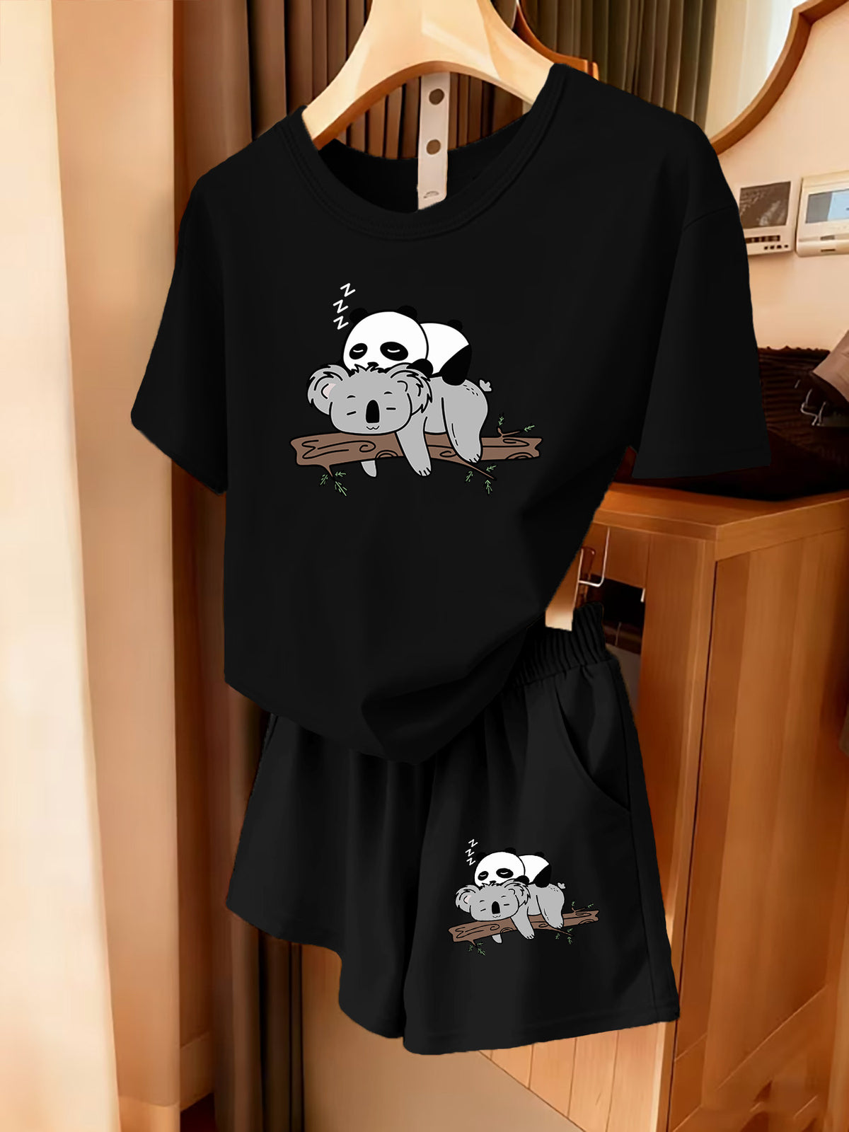 2pcs Women's Summer Short Sleeve Set—Panda Koala Cute Animal Print Short Sleeve Shorts Set, Comfortable, Soft, and Breathable for Sports and Daily Wear, Suitable for Back-to, Campus, Valentine's Day, Women's Pajamas, Jogging, Fitness, and as a Gift - Black+black