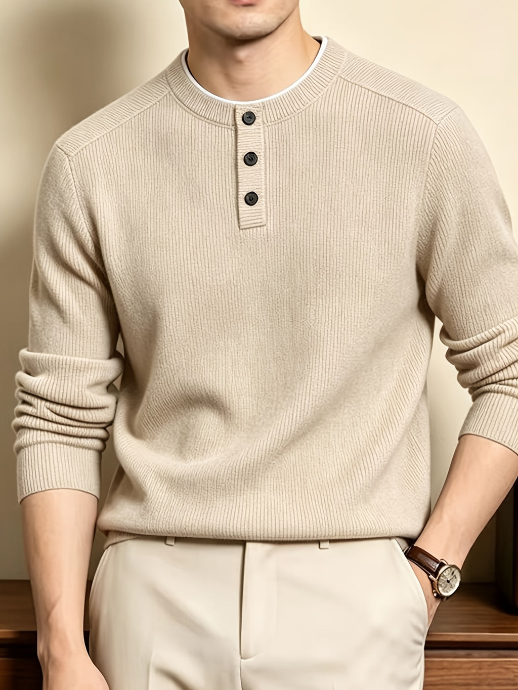 Men'S Henley Collar Knit Pullover Sweater, Half-Button Placket Design, Contrast Edge Trim Neckline Casual Easy Knit Top - Light Khaki