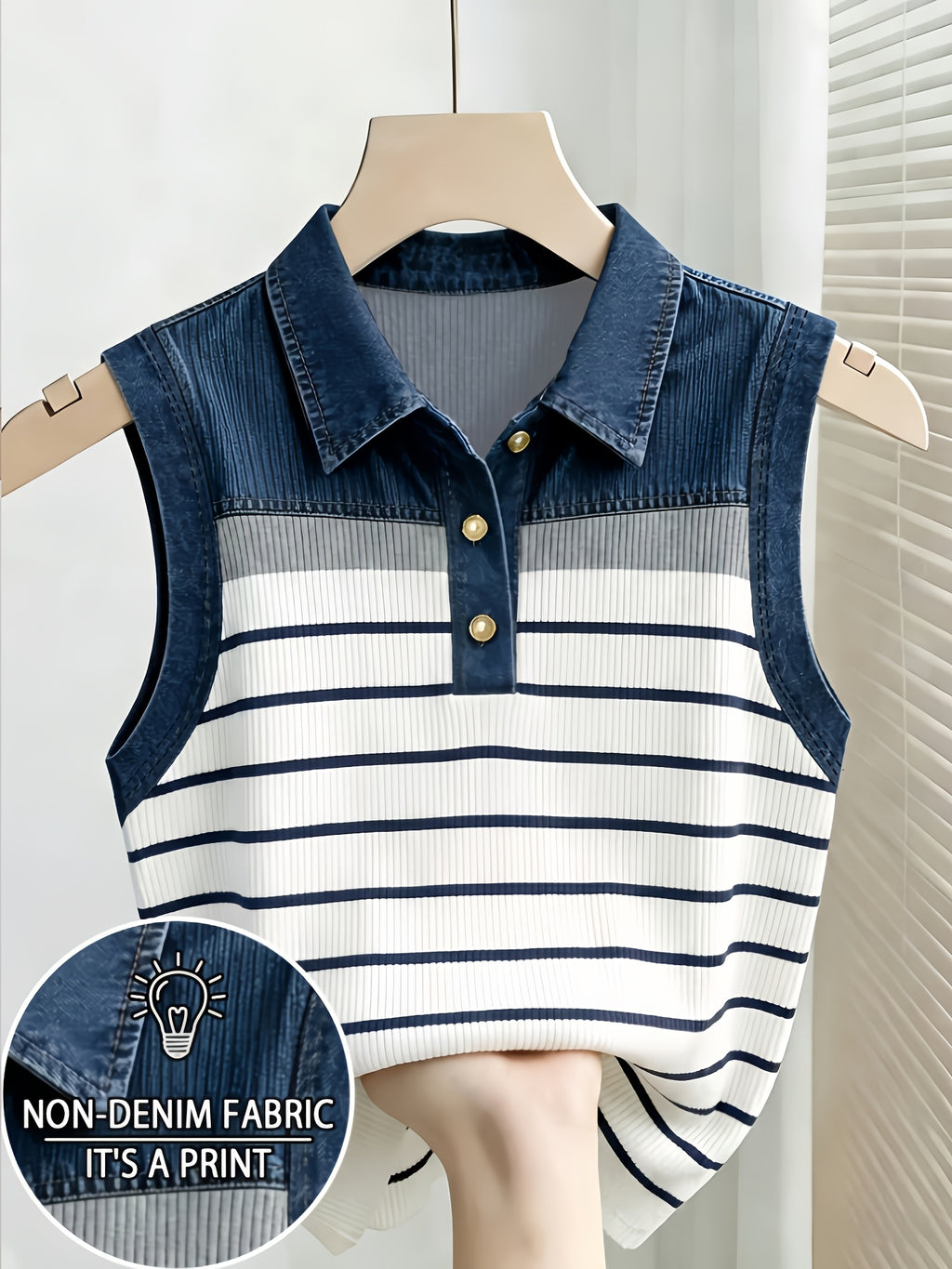 [Printed Pants - Not Denim Fabric] Gavin Targeted Development European and American Women's Fashion New Arrival Imitation Denim Printed Shirt Collar Ribbed Tank Top - Multicolor