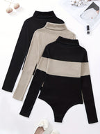 Three-Piece Women's High-Neck Color-Blocked Bodysuit, Suitable for Autumn and Winter Wear - Black Apricot + Apricot + Black