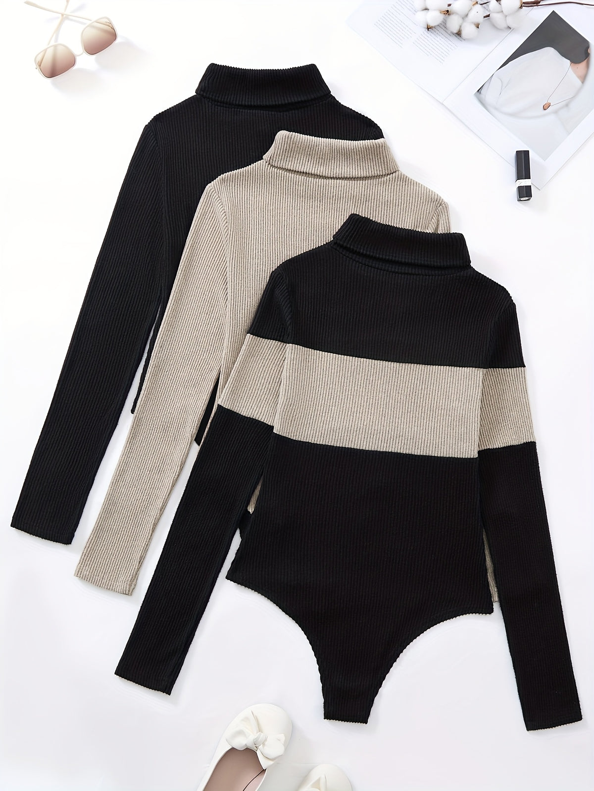 Three-Piece Women's High-Neck Color-Blocked Bodysuit, Suitable for Autumn and Winter Wear - Black Apricot + Apricot + Black