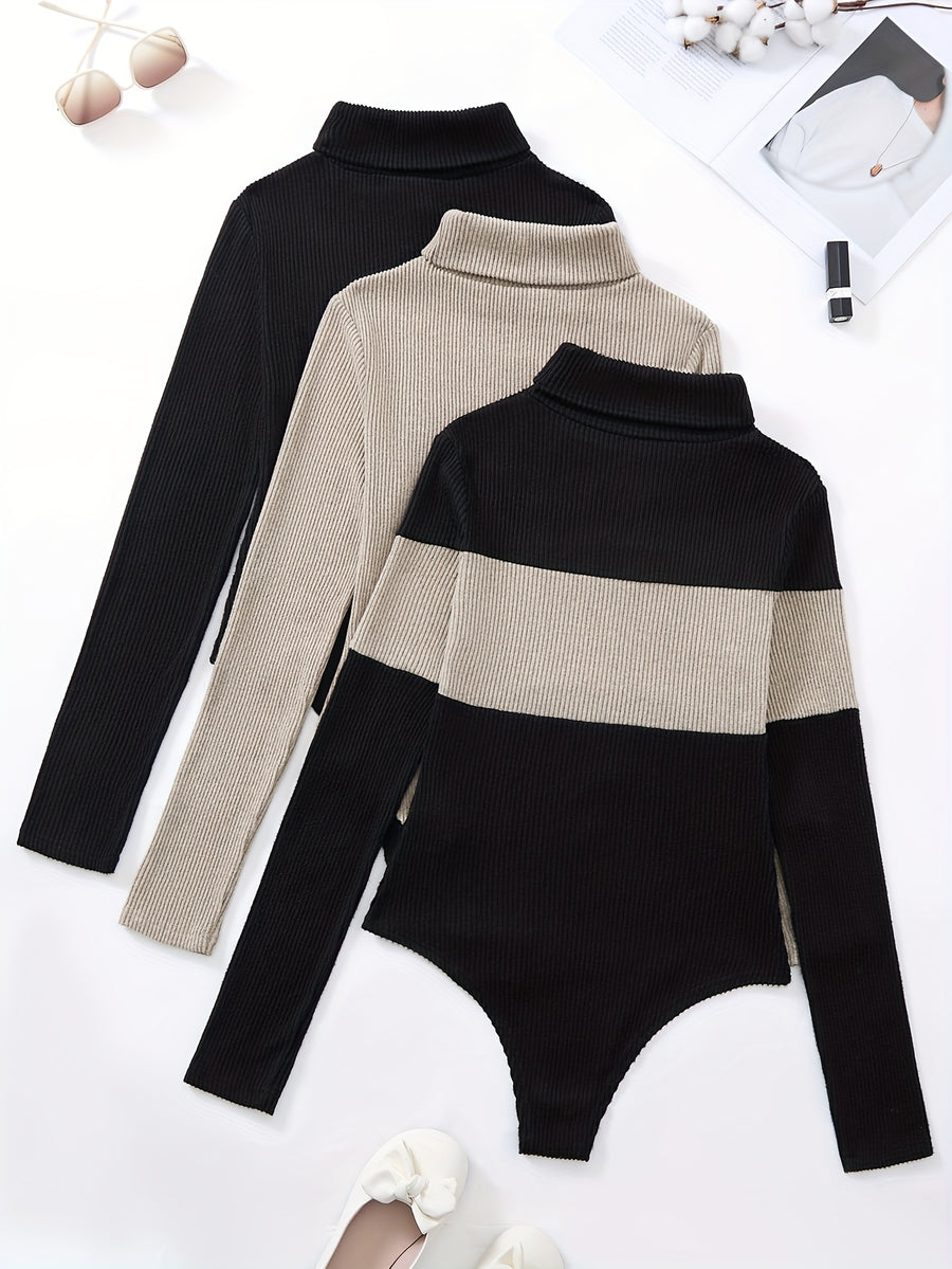 Three-Piece Women's High-Neck Color-Blocked Bodysuit, Suitable for Autumn and Winter Wear - Black Apricot + Apricot + Black