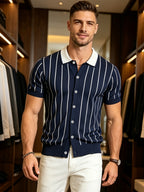2026 New Light Luxury Italian-Style Men's Navy Blue Vertical Stripe Short-Sleeve Knit Shirt, Summer Lightweight Breathable Color-Block Lapel Single-Breasted Design, Business Casual Outerwear and Innerwear Men's Top - Navy Color