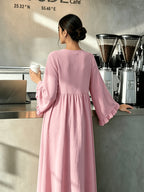 Round Neck Long Dress with Ruffled Flared Wide Sleeves, Soft Lightweight Breathable Fabric Loose Swing Style Dress for Women Daily Home And Outdoor Casual Matching - Pink Color